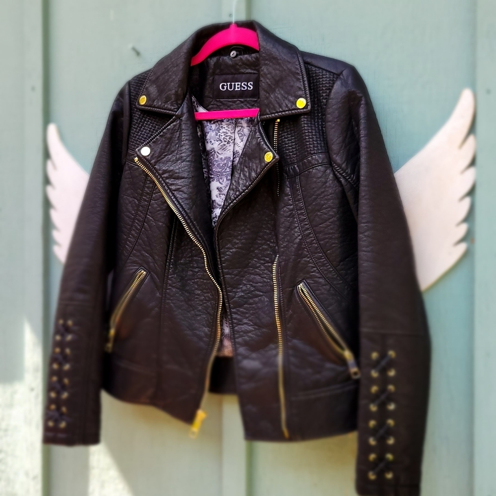 Guess Vegan Leather Biker Jacket size M.